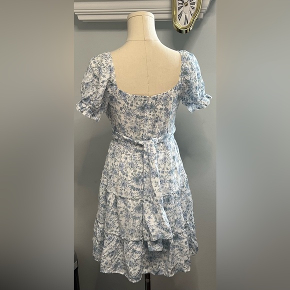 Trixxi Juniors' Floral-Print Puff-Sleeve Fit & Flare Dress Size M White Blue - Picture 3 of 6